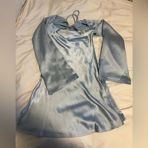 Beginning Boutique Long Sleeve Satin Dress in Silver Blue